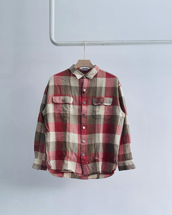 BROWN & RED FLANNEL WESTERN SNAP PLAID SHIRT